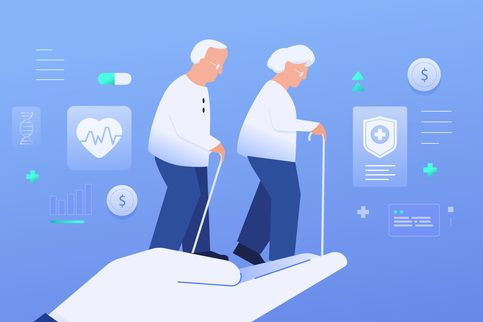A rendering of two elderly individuals on top a hand surrounded by medical icons