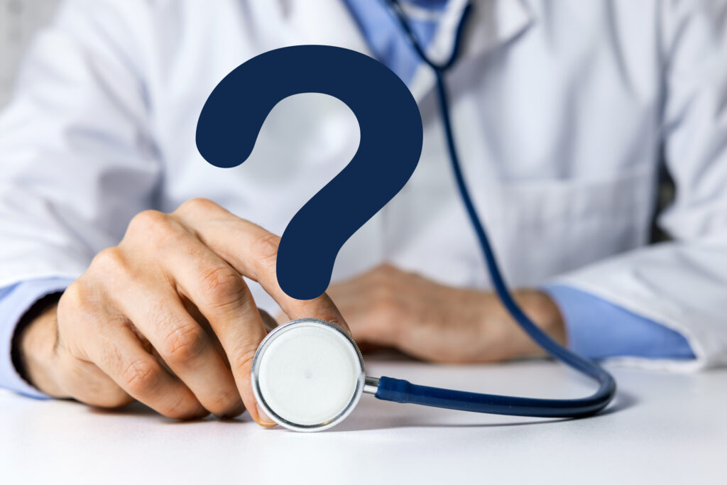 Doctor with stethoscope and question mark. 