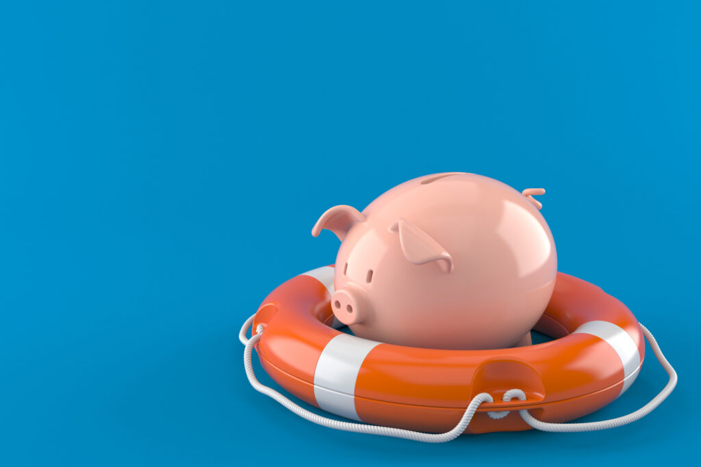 Button for more information on available financial aid programs consisting of a photo of a piggy bank in a life preserver