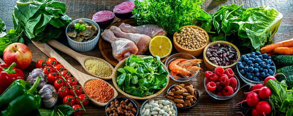 Food products representing the MIND diet created to reduce dementia and the decline in brain health. 