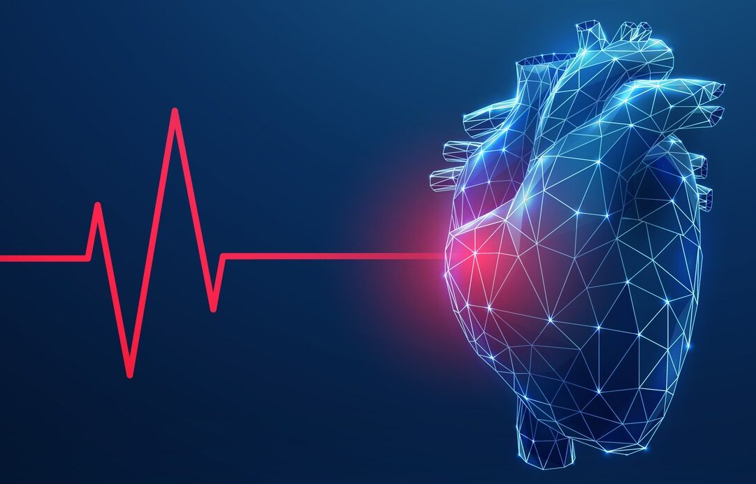 Abstract blue human heart with red cardio pulse line and red spot.