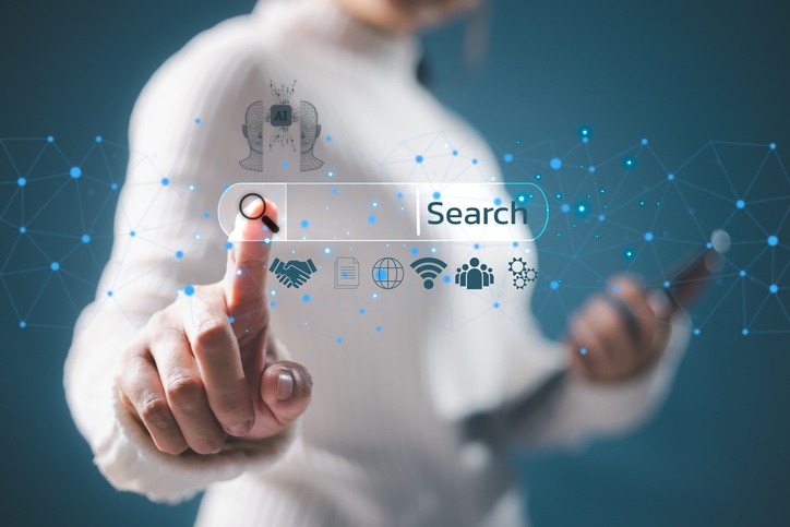 Online job search graphic depicting someone using a virtual touch screen