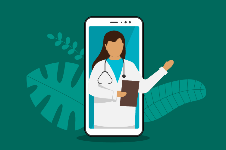 A button taking you to more information on telenursing services consisting of a rendering of a nurse inside a cell phone