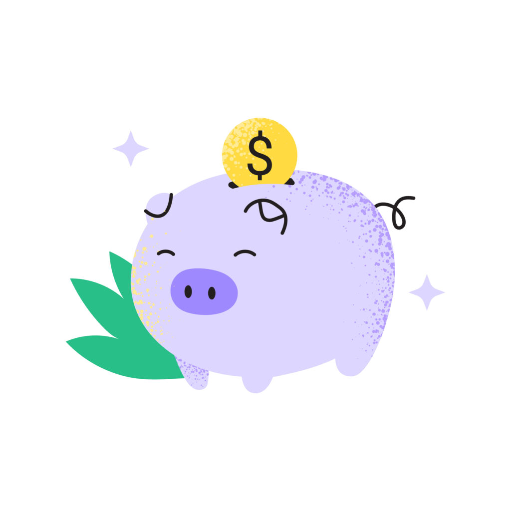 A rendering of a purple piggy bank
