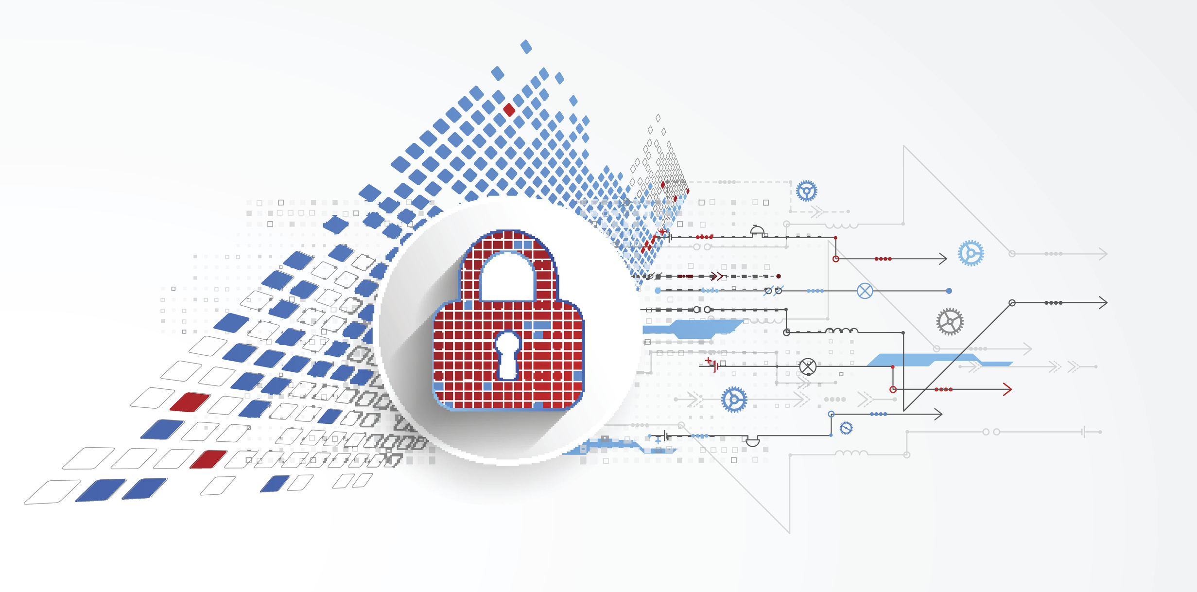 Button for more information on MCHD privacy practices consisting of a rendering of a digital protection concept of a lock on a motherboard