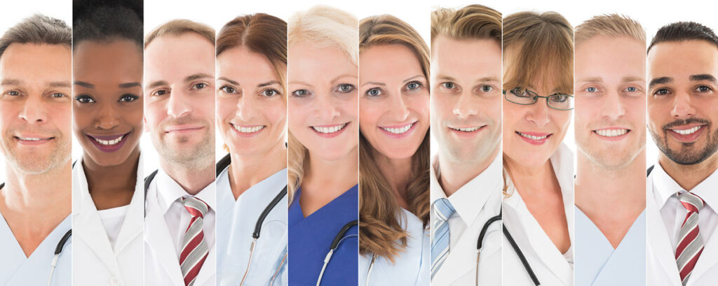 A photo of a group of ethnically diverse physicians