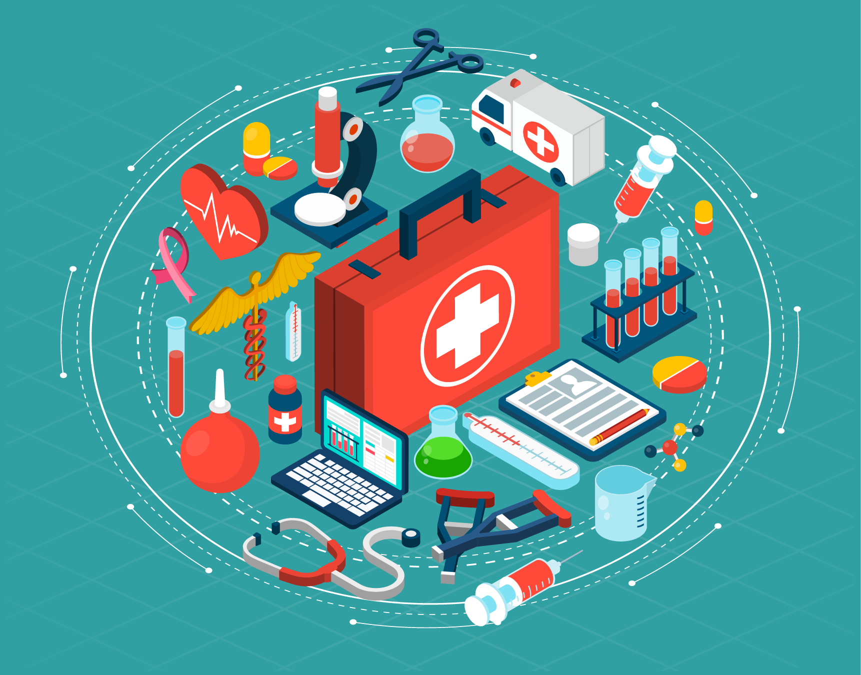 A rendering of various healthcare related items surrounding a first aid kit